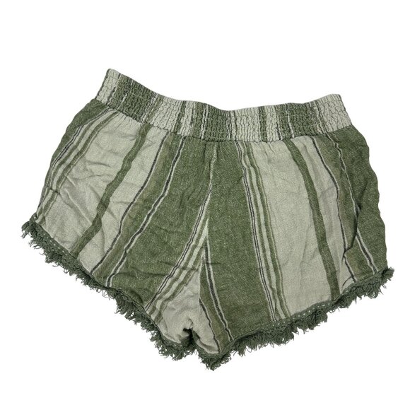 Vanilla Star Striped Linen Blend Fringe Trim Shorts Size S Green & White - Picture 2 of 5